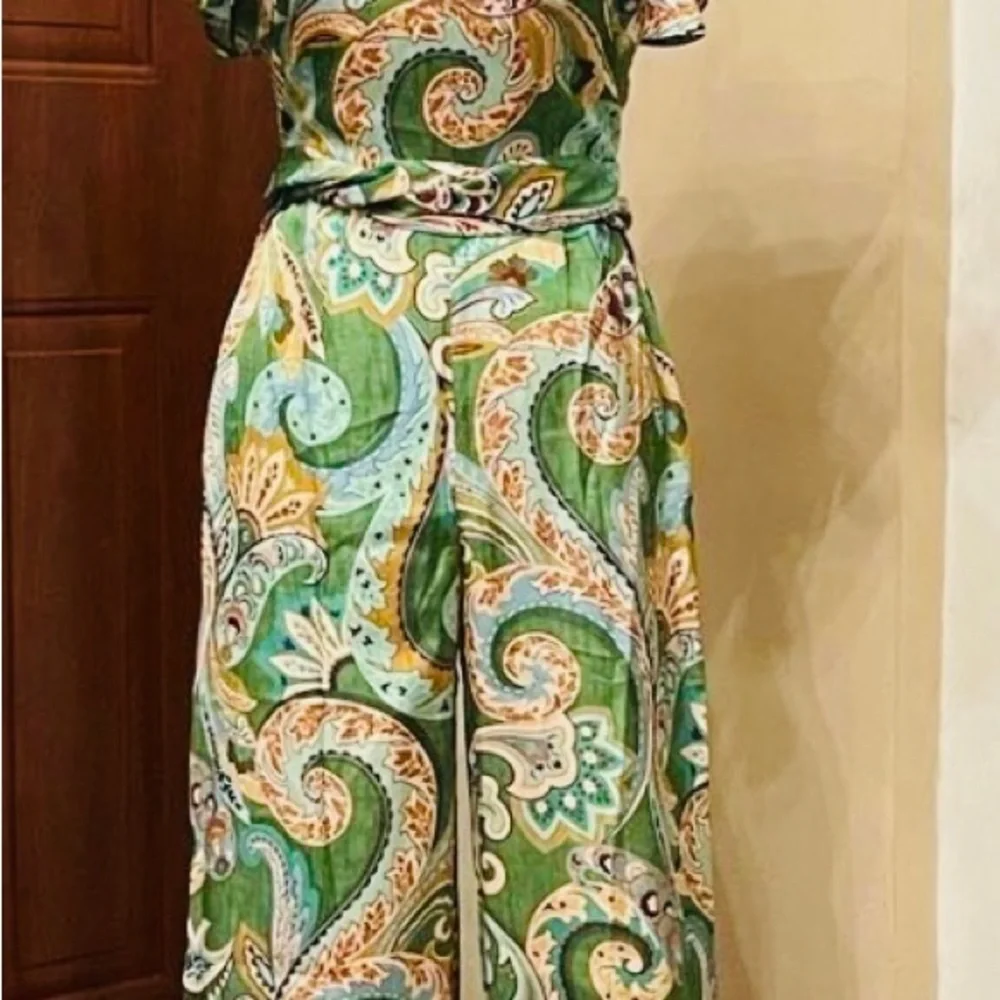 ZARA Green Paisley BOHO Belted Wide-Leg Jumpsuit Size Small NWT 🍃 - Picture 9 of 10